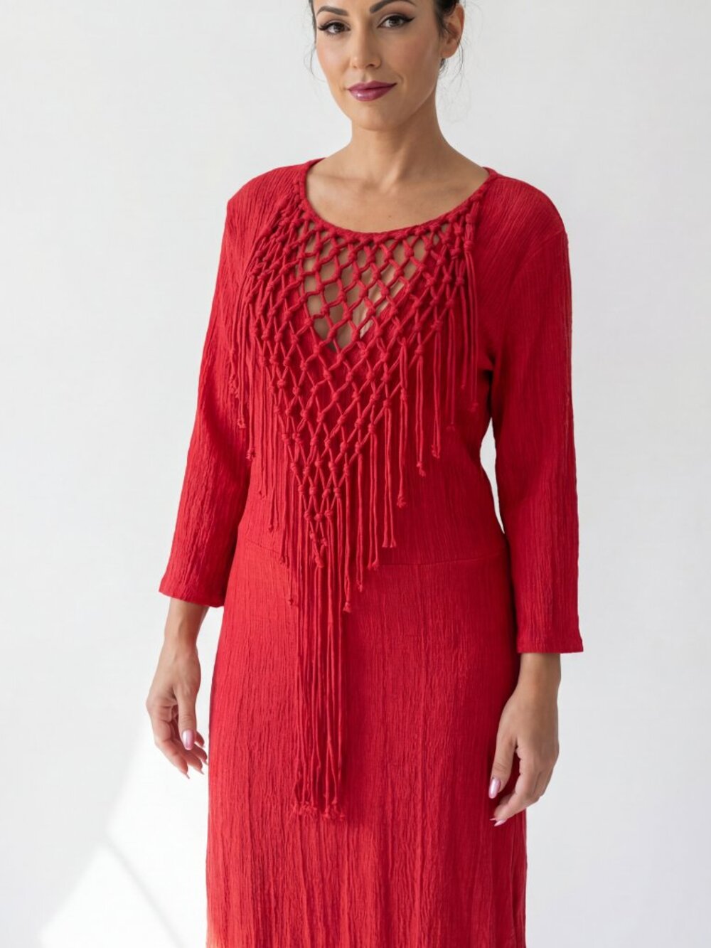 Zara Red Macramé Fringe Maxi Dress NWT Size Large